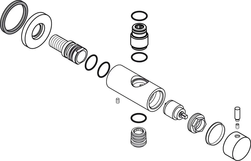 Zerlegtes Diagramm von einem Ideal Standard Innenkörper mit verschiedenen Komponenten, einschließlich Dichtungen, Schrauben und einem Zylinder.